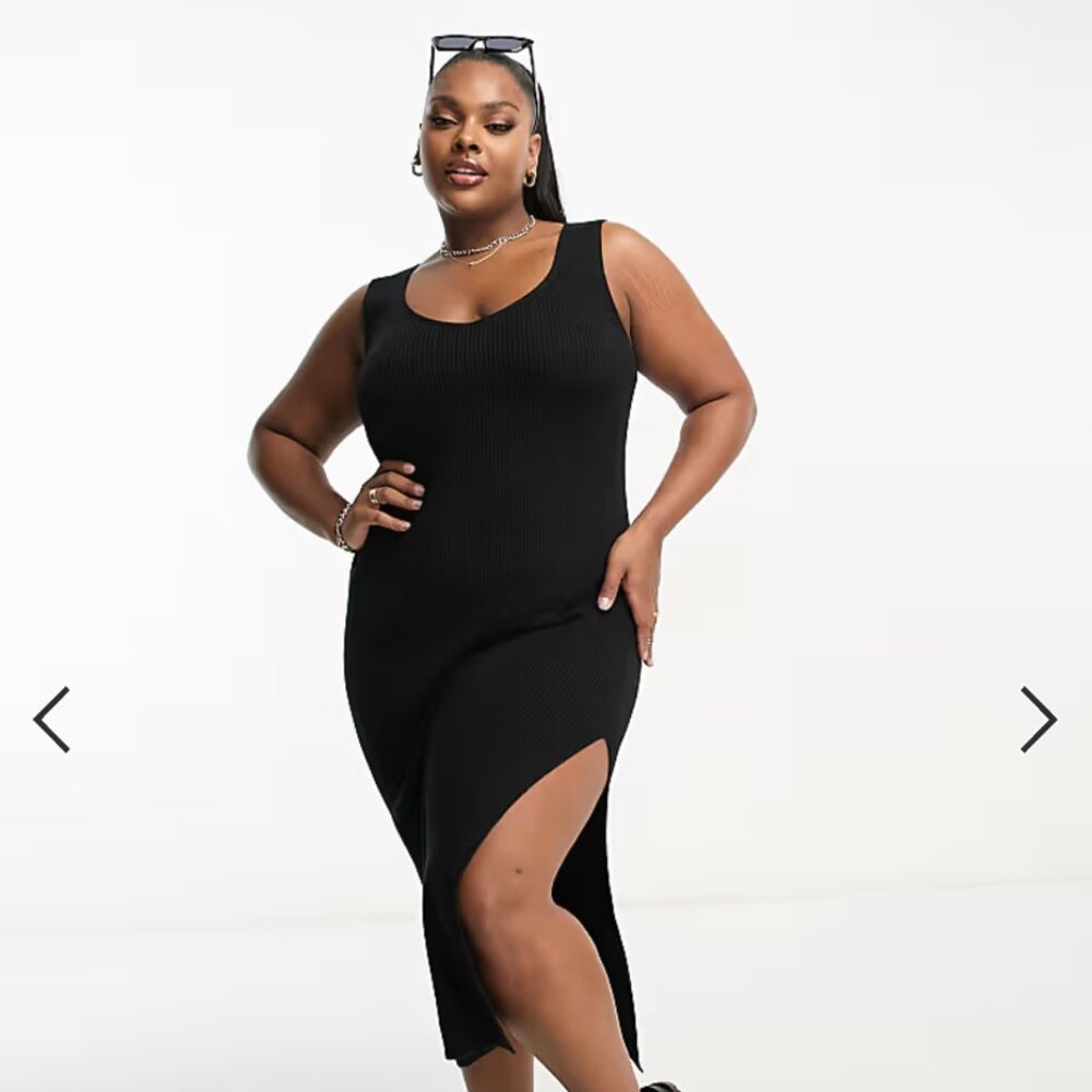 LIKE NEW ASOS DESIGN Curve rib-knit v-neck midi dress black 18 18W sleeveless